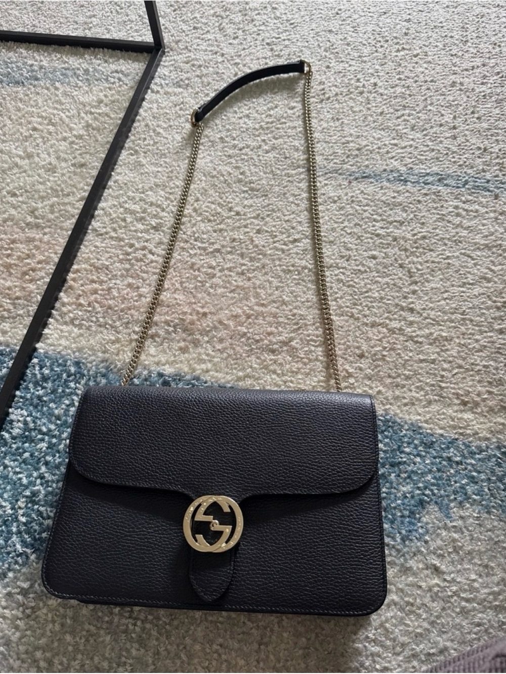 Gucci Black Pebbled Leather Crossbody with Gold Interlocking G